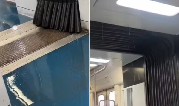 Passageiros vivem transtorno no transporte público com chuva dentro de trem da SuperVia, no ramal Gramacho