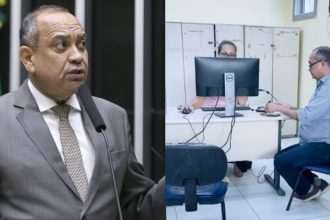Max Lemos na Câmara de um lado e, do outro, deputado prestando queixa na delegacia de Imbariê