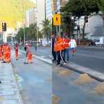 Agentes da Comlurb atuam na remoção de areia na Av. delfim Moreira após ressaca no mar
