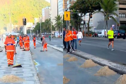 Agentes da Comlurb atuam na remoção de areia na Av. delfim Moreira após ressaca no mar