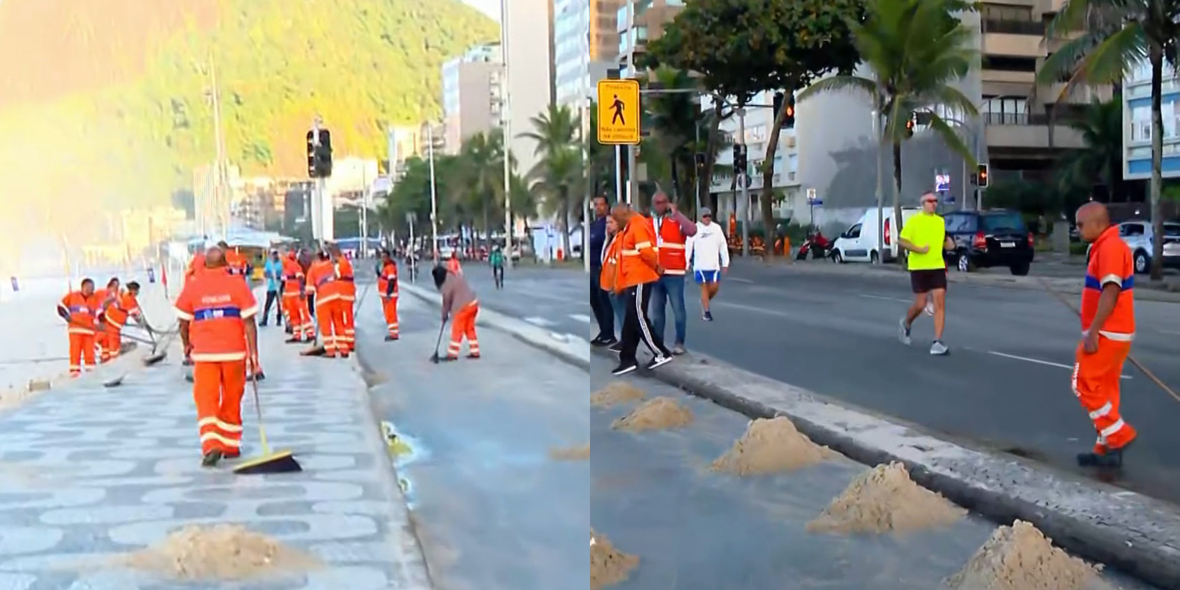 Agentes da Comlurb atuam na remoção de areia na Av. delfim Moreira após ressaca no mar