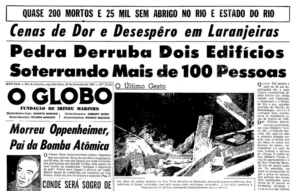 Manchete do jornal "O Globo" de 20 de fevereiro de 1967 relata grave deslizamento em Laranjeiras (Foto: Jornal O Globo)