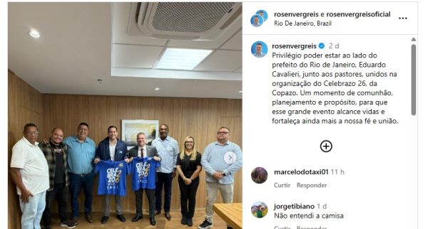 Em postagem nas redes sociais, o deputado estadual Rosenverg Reis registrou reunião de organização do Celebrazo 2026 com o prefeito Eduardo Cavaliere e lideranças evangélicas. O evento receberá R$ 600 mil em patrocínio municipal.
