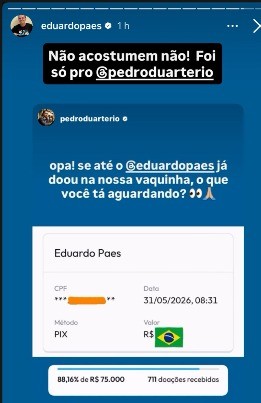 De oposição a aliados: Pedro Duarte recebe doação simbólica de Eduardo Paes em vaquinha de pré-campanha 62 WhatsApp Image 2026 06 01 at 13.15.00 1 1