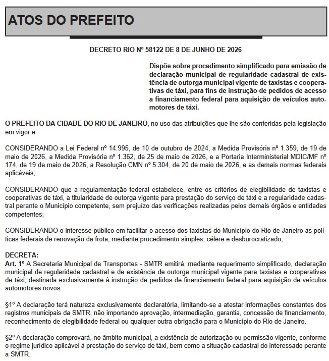 Prefeitura do Rio simplifica certidões para taxistas acessarem crédito federal para financiamento de carros novos e homologa lista de motoristas auxiliares para concessão de autonomias 62 WhatsApp Image 2026 06 09 at 07.01.48