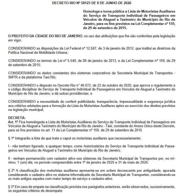 Prefeitura do Rio simplifica certidões para taxistas acessarem crédito federal para financiamento de carros novos e homologa lista de motoristas auxiliares para concessão de autonomias 66 WhatsApp Image 2026 06 09 at 07.02.08