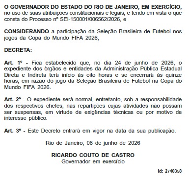 O Rio de chuteiras: Couto também decreta ponto facultativo no governo do estado a partir das 15h do dia 24, para o Brasil x Escócia 63 WhatsApp Image 2026 06 09 at 08.14.57