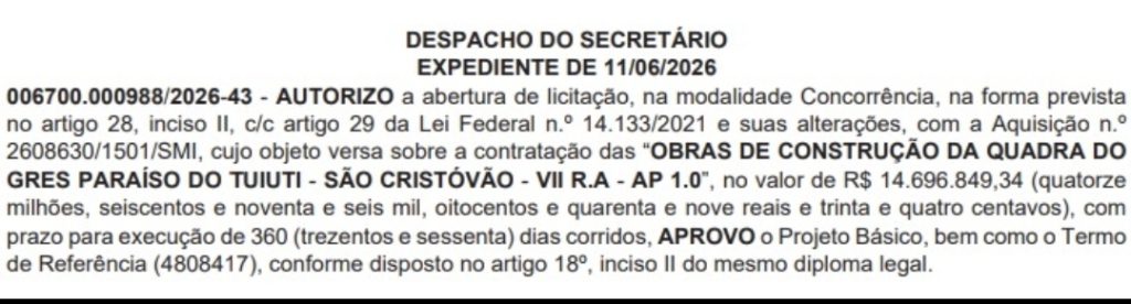 Prefeitura do Rio autoriza licitação de R$ 14,6 milhões para construção da nova quadra da Paraíso do Tuiuti 63 WhatsApp Image 2026 06 12 at 07.49.28