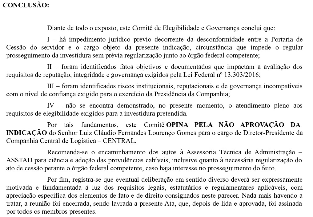Documento desmente governo do estado: comitê barrou indicado para comandar a Central Logística, estatal que fiscaliza a TrensRJ 62 WhatsApp Image 2026 06 18 at 20.43.55