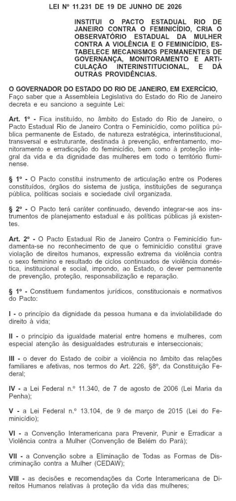 Couto sanciona Pacto Estadual Contra o Feminicídio; aprovada pela Alerj, criação de Observatório da Mulher foi vetada 62 WhatsApp Image 2026 06 22 at 11.00.20