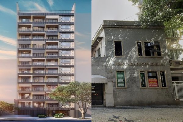 Projeto do Nook Copacabana e imagem antiga da Policlínica de Copacabana