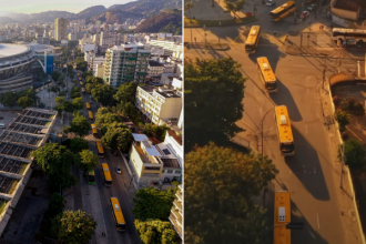 Vista aérea dos novos ônibus entregues pela prefeitura
