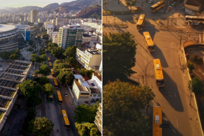 Vista aérea dos novos ônibus entregues pela prefeitura