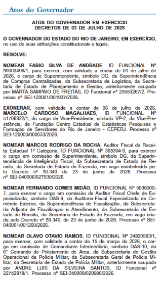 Ricardo Couto começa a semana no empate, com oito nomeados e oito exonerados; cortes miram Faetec e vice-presidente da Ceperj 62 Captura de tela 2026 07 06 080203