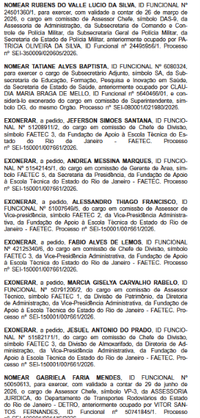 Ricardo Couto começa a semana no empate, com oito nomeados e oito exonerados; cortes miram Faetec e vice-presidente da Ceperj 63 Captura de tela 2026 07 06 080247