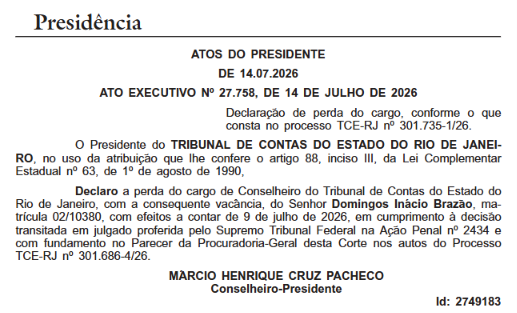 TCE-RJ oficializa saída de Domingos Brazão de cargo de conselheiro e extingue o gabinete 62 Captura de tela 2026 07 15 100804