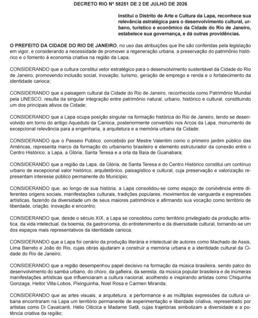 Lapa vira Distrito de Arte e Cultura: decreto da Prefeitura do Rio abre caminho para novos incentivos econômicos e expansão do Reviver Centro 62 WhatsApp Image 2026 07 03 at 07.01.13