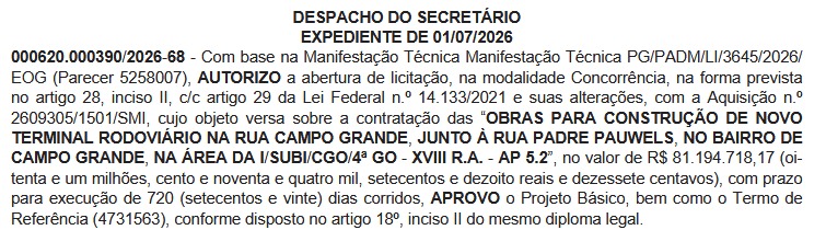 Com investimento de R$ 81,2 milhões, projeto do novo Terminal de Campo Grande promete ampliar integração entre linhas municipais e intermunicipais 62 despacho terminal