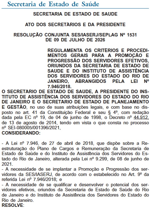 Ricardo Couto regulamenta critérios para progressão e promoção dos servidores efetivos da Saúde e do Iaserj 62 diario oficial