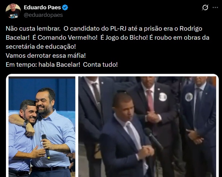 Justiça Eleitoral manda Eduardo Paes apagar publicação em que associa Bacellar e PL ao Comando Vermelho e ao jogo do bicho 62 paes bacellar