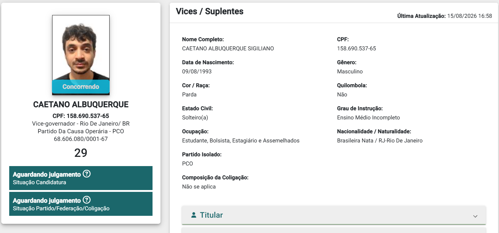 Candidato a vice-governador do PCO tem três dias para explicar mudança na autodeclaração racial ao TRE-RJ 50 Captura de tela 2026 08 17 184031