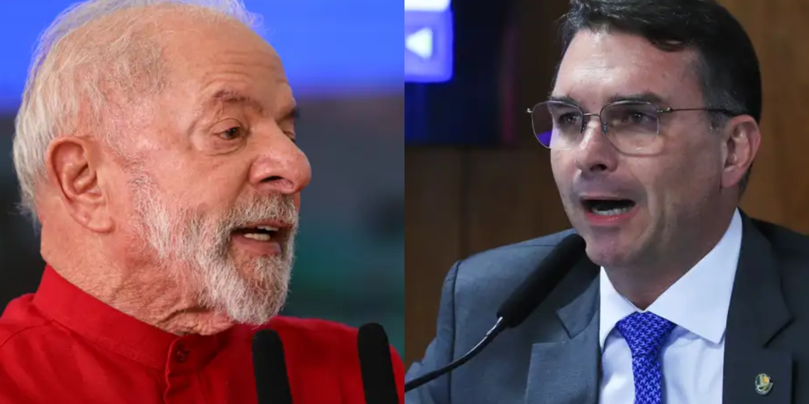 Lula, à esquerda, e Flávio Bolsonaro, à direita