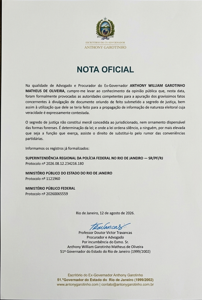 Defesa de Garotinho aciona PF, MPF e MPRJ para investigar vazamento de documento do STF 50 Nota advogado Anthony Garotinho