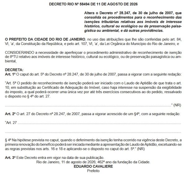 Prefeitura do Rio publica decreto que flexibiliza regras para isenção de IPTU em imóveis históricos e preservados no município 49 WhatsApp Image 2026 08 12 at 07.01.34 e1786537112526