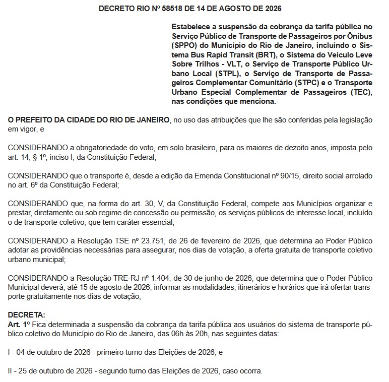 Eleições 2026: Prefeitura do Rio decreta passe livre no transporte público nos dias de votação 49 WhatsApp Image 2026 08 17 at 07.02.03