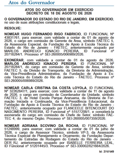 Couto concentra reforços na Faetec em dia de poucas movimentações no Diário Oficial 50 WhatsApp Image 2026 08 19 at 08.08.16