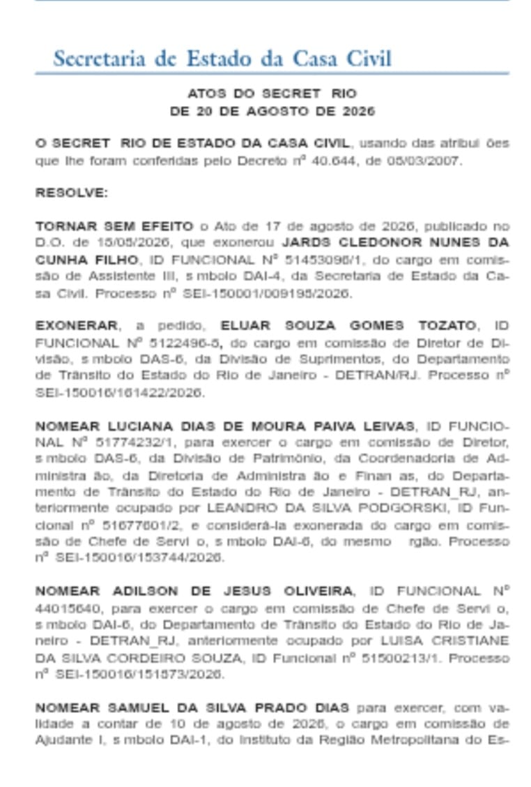 Sextou em marchas diferentes: Couto reduz o ritmo e assina apenas duas mudanças, enquanto a Casa Civil acelera com 37 movimentações 53 WhatsApp Image 2026 08 21 at 08.25.18