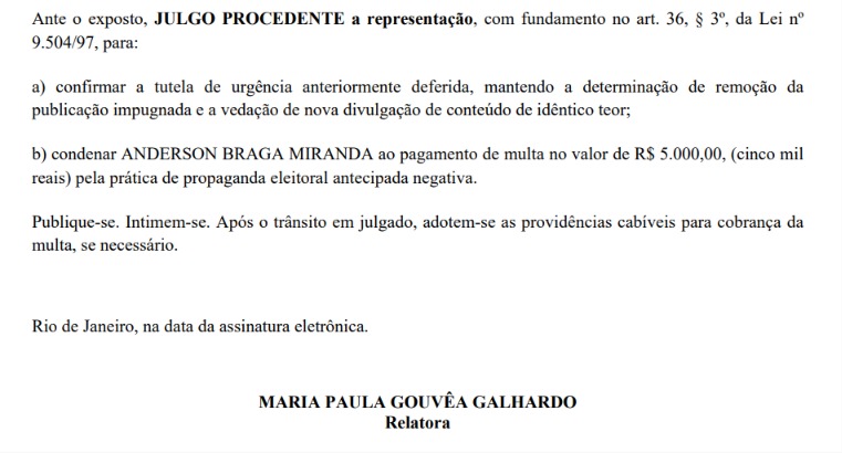 Justiça Eleitoral condena Dinho do Canella e manda apagar vídeo em que associa Pedro Paulo a casos de agressão doméstica 49 WhatsApp Image 2026 08 24 at 11.43.00