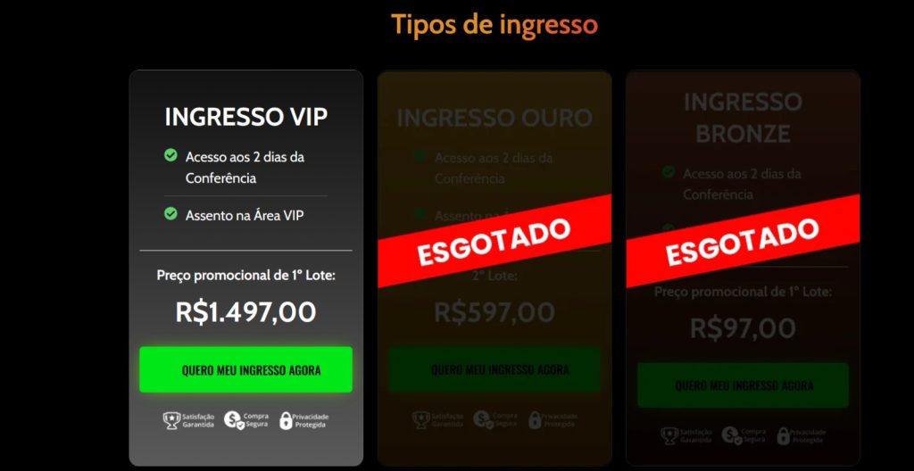 Categorias Bronze (R$ 97) e Ouro (R$ 597) aparecem esgotadas no site oficial da Conferência Destino. O ingresso VIP custa R$ 1.497.