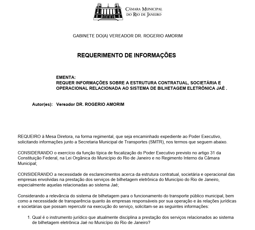 Bilhetagem eletrônica: vereador questiona transparência do sistema Jaé à Secretaria de Transportes 50 requerimento rogerio amorim