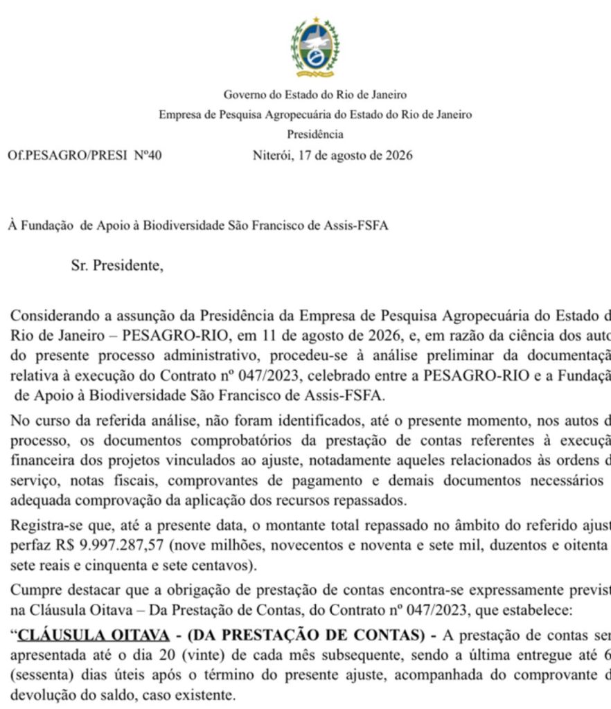 Nova gestão da Pesagro-Rio cobra prestação de contas de quase R$ 10 milhões da Fundação São Francisco de Assis 50 8506c99f 3c59 4979 bf2f 50e8def7d273