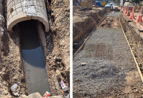 Montagem mostra intervenções de drenagem em Nova Iguaçu durante as obras de ampliação da Via Dutra; prefeitura aponta problemas em diferentes pontos do município.
