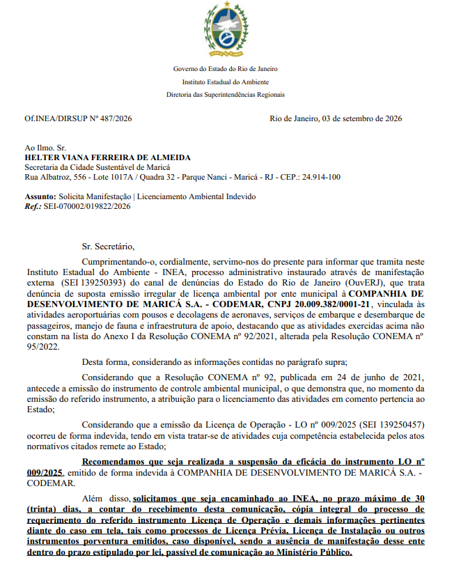 Inea notifica Prefeitura de Maricá para suspender licença de operação do aeroporto municipal 49 Captura de tela 2026 09 14 153926