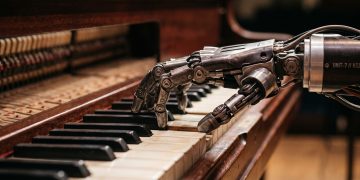 Mão robótica tocando piano, em alusão ao uso de IA na produção de jingle