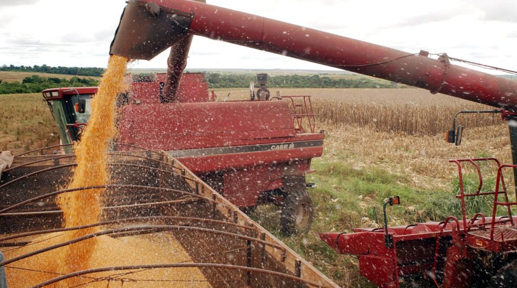 Maquina de grãos durante colheita em fazenda subsidiada pelo Plano Safra