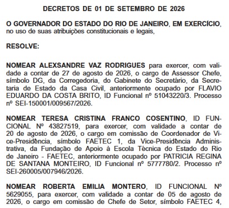 7 a 1 sem Alemanha no caminho: publicação no Diário Oficial tem Faetec na liderança das nomeações e troca no comando de obras do DER-RJ 50 WhatsApp Image 2026 09 02 at 08.12.11