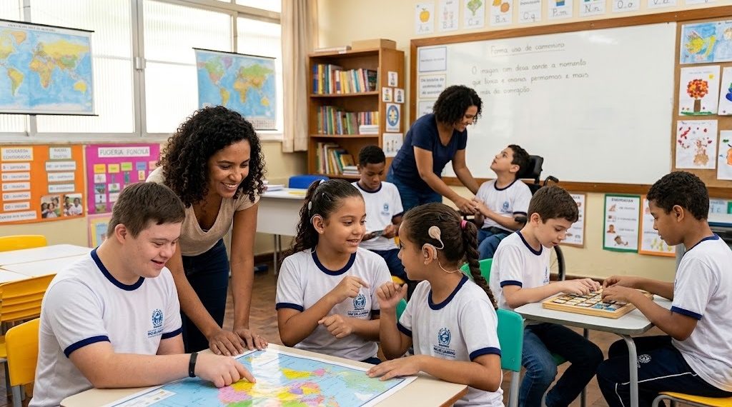 Governo do estado deixa contrato vencer, tenta emergencial de R$ 220 milhões com sobrepreço e alunos da Educação Especial ficam sem atendimento 48 A rede estadual de Educação está sem profissionais de apoio à Educação Esepcial porque o contrato venceu e não foi feita nova licitação - Imagem gerada por IA para preservar estudantes reais