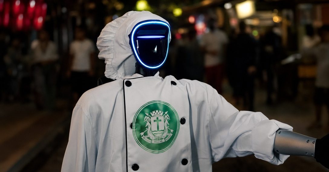 Fred, um robô humanoide vestido como chef de cozinha, que recebe os visitantes do festival, em Macaé