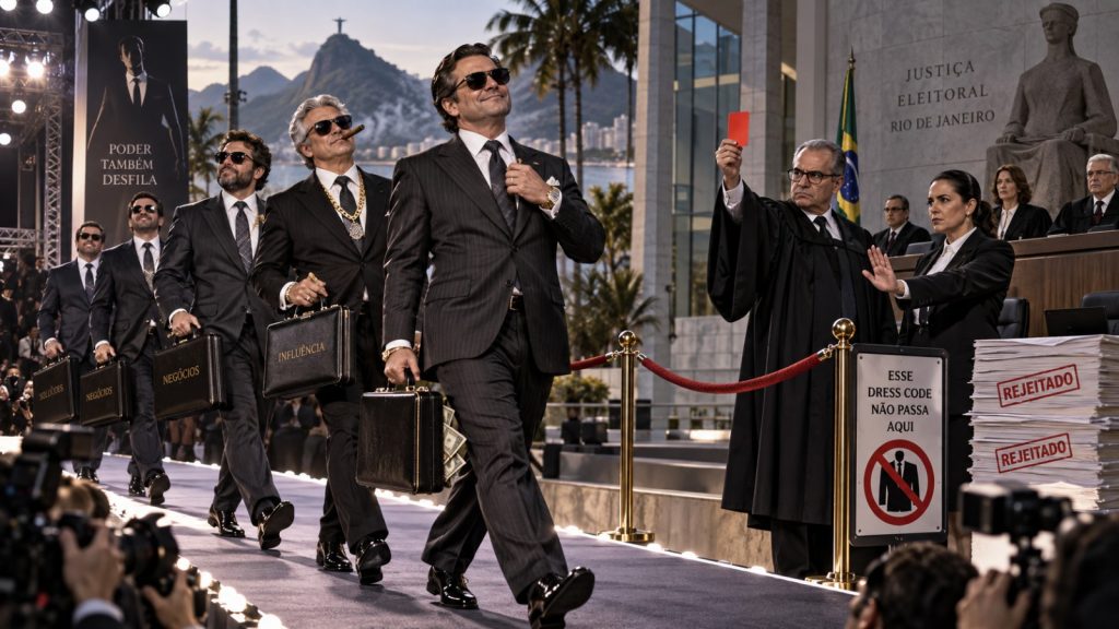 Tempo Surreal (alerta de humor): TRE-RJ barra ‘milícia de gravata’ e Rio Fashion Week 2027 perde coleção de ternos caros, coletes ocultos e laranjas da estação