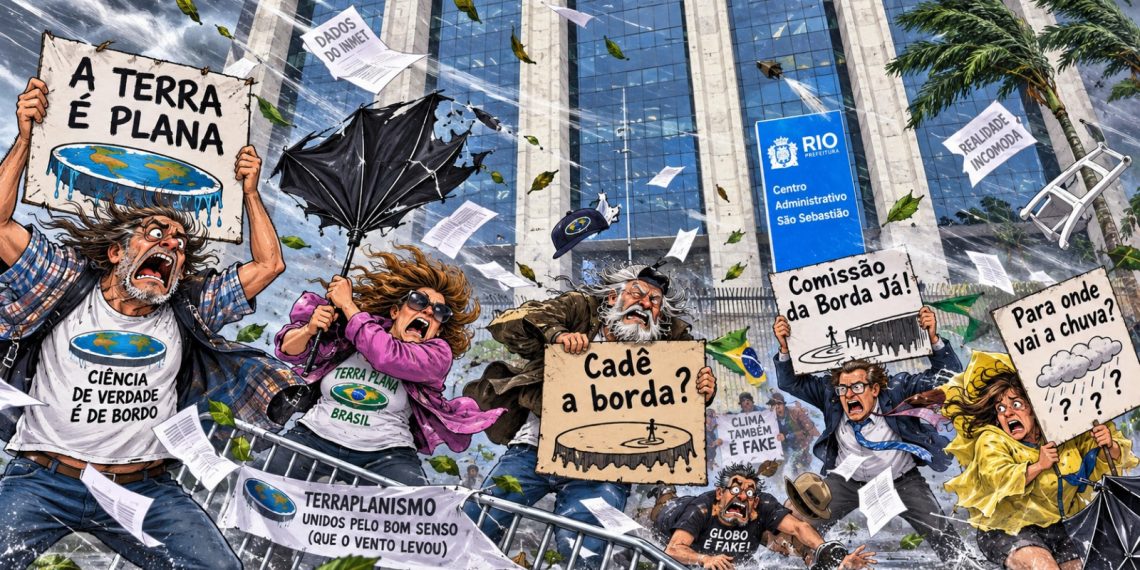 Manifestação de terraplanistas criada por IA para ilustrar matéria sobre o contrato da Prefeitura do Rio com a Fundação Cacique Cobra Coral