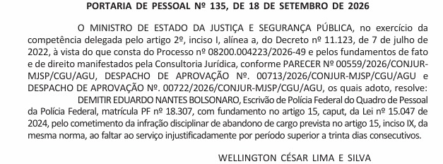 Eduardo Bolsonaro é demitido de cargo de escrivão da Polícia Federal por faltas não justificadas 56 WhatsApp Image 2026 09 21 at 09.11.08