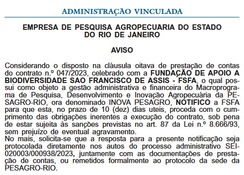 Nova gestão da Pesagro-Rio cobra prestação de contas de quase R$ 10 milhões da Fundação São Francisco de Assis 49 e3dca0ee 47f6 4202 a7fd 0e403f93b494 1