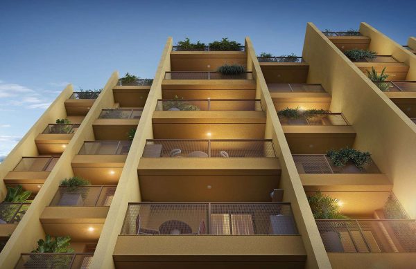 Fachada do Residencial Erê destaca varandas amplas e áreas de convivência distribuídas ao longo do edifício, conceito inspirado na integração entre moradores e cidade. Foto: Divulgação/Cury Construtora