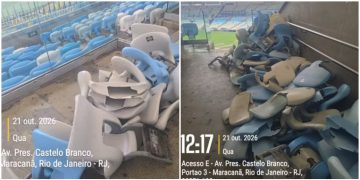 Cadeiras quebradas e amontoadas em diferentes setores