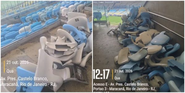 Atos de vandalismo em Vasco x Boca Juniors deixa cadeiras quebradas e banheiros e bares depredados no Maracanã 51 Cadeiras quebradas e amontoadas em diferentes setores