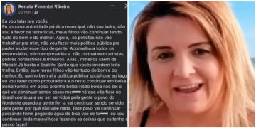 Procuradora de Macaé afirma que não fará mais ‘política pública para petistas’ e sugere que empresas não contratem ‘artistas, pobres nordestinos e mineiros’